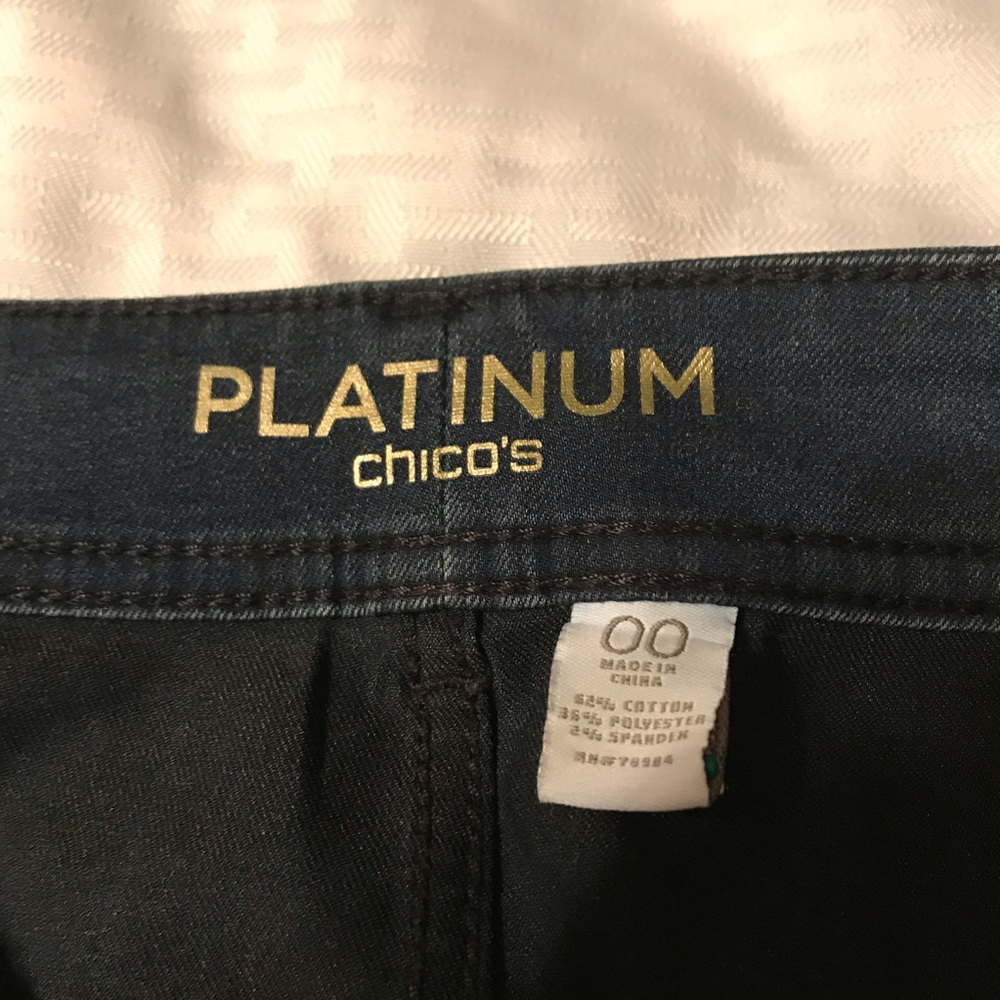 Chico’s Platinum Stretch Faux Leather Jeans